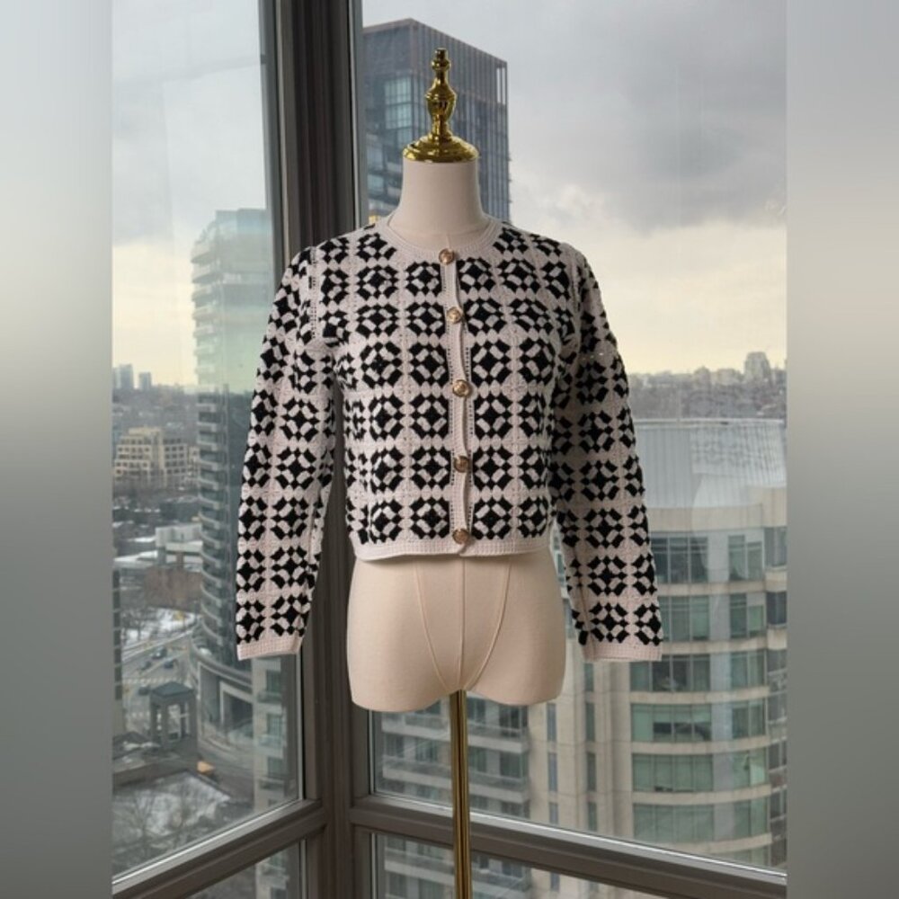 🆕 FARM Rio 🧿 NWT Patch Crochet Black & White Monochrome Button Up Jacket, Sz M - Picture 4 of 15